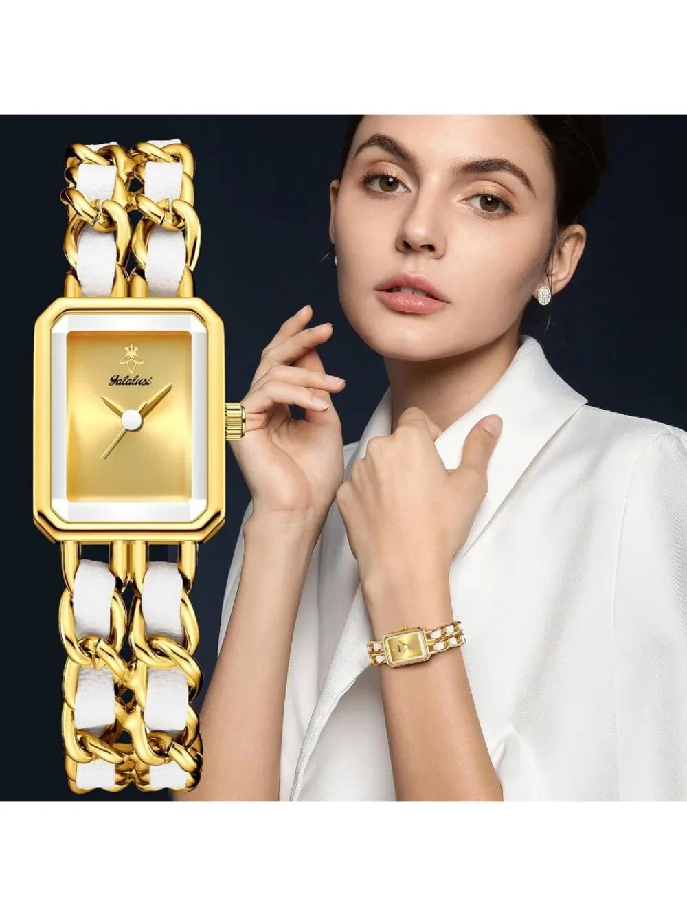 Women's White Gold Square Adjustable Chain Braid Band Quartz Retro Wrist Watch